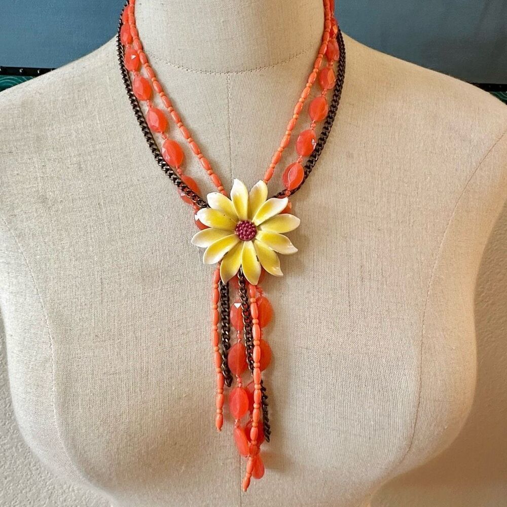 Lucky Brand Brass & Orange Beaded Necklace With Enameled Flower Center